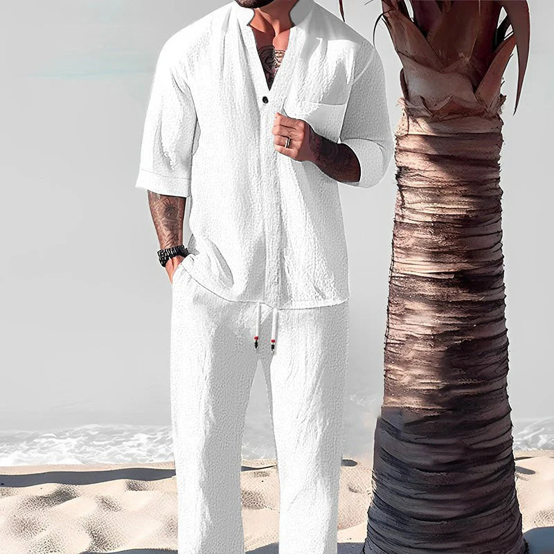 🔥Fashionable men's two-piece set made from cotton linen: top & trousers